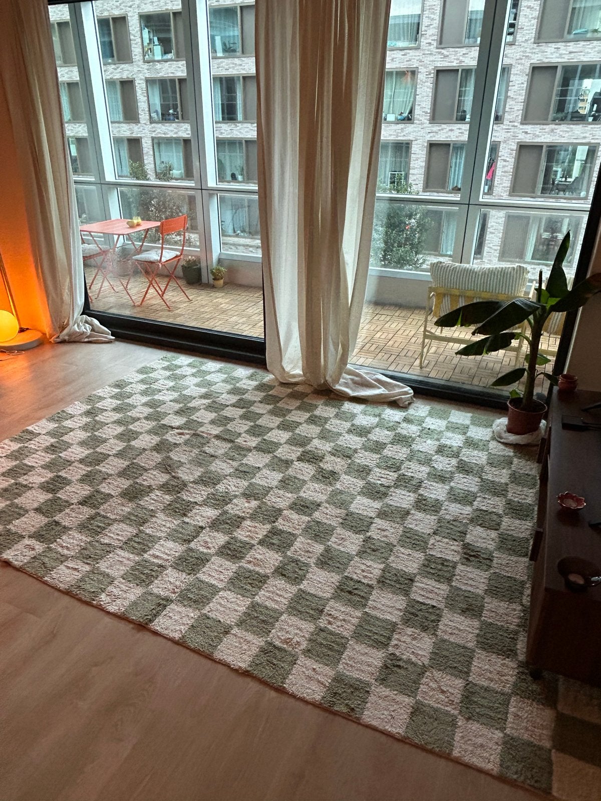 Groen wit geblokt vloerkleed 2x3m 100% katoen