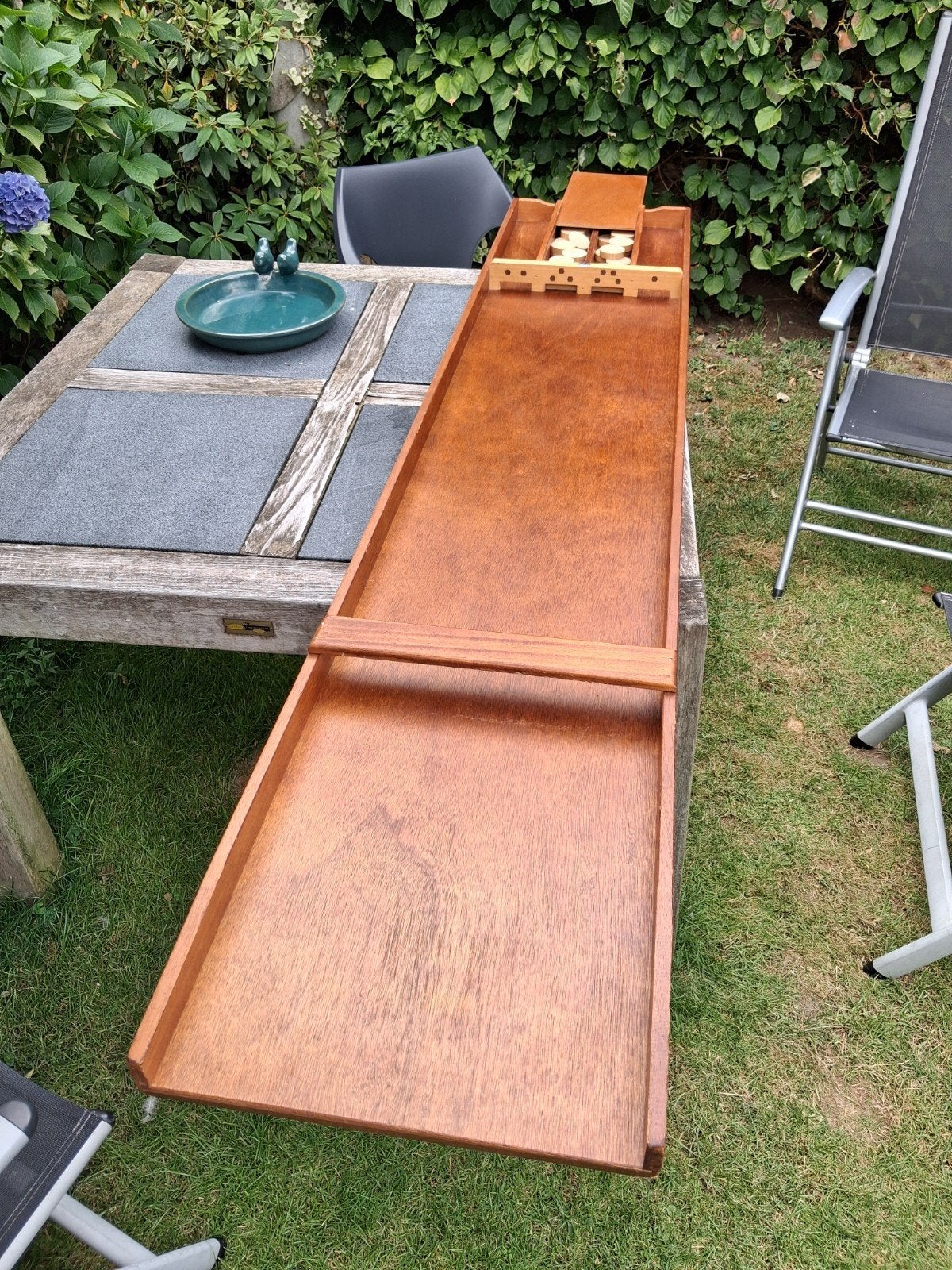 Vintage Homas Sjoelbak -2 meter met 30 schijven Spel, Een of twee spelers, Ophalen of Verzenden, Gebruikt, Homas Spelen Assen