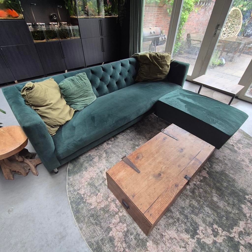Groene fluwelen bank met chaise longue, Huis en Inrichting, Ophalen, 250 tot 300 cm, 100 tot 125 cm, Driepersoons