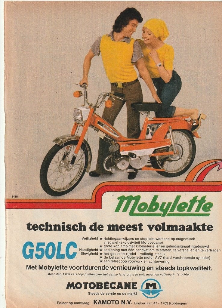 Retro reclame 1975 Motobécane Mobylette G50LC brommer, Verzenden, Overige typen