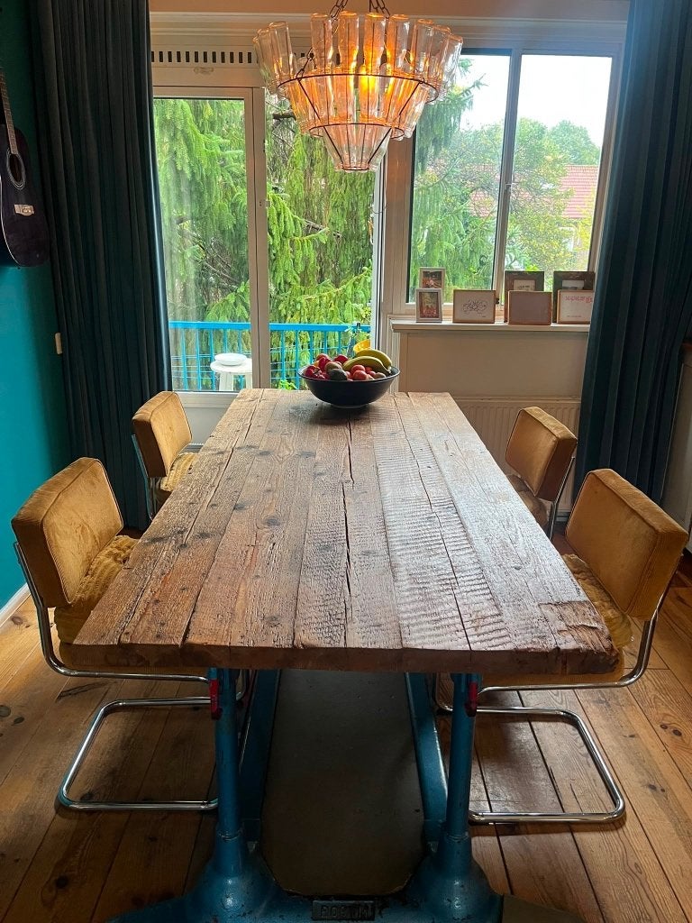 Vintage houten eettafel gym/turntoestel (220 x 99 cm), Ophalen, Gebruikt, 200 cm of meer, 50 tot 100 cm