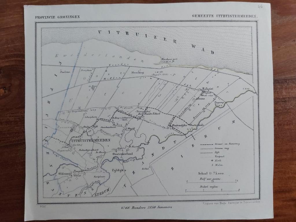 46 / Uithuizermeeden Oldenzijl Zijldijk Litho 1867 J. Kuyper, Ophalen of Verzenden