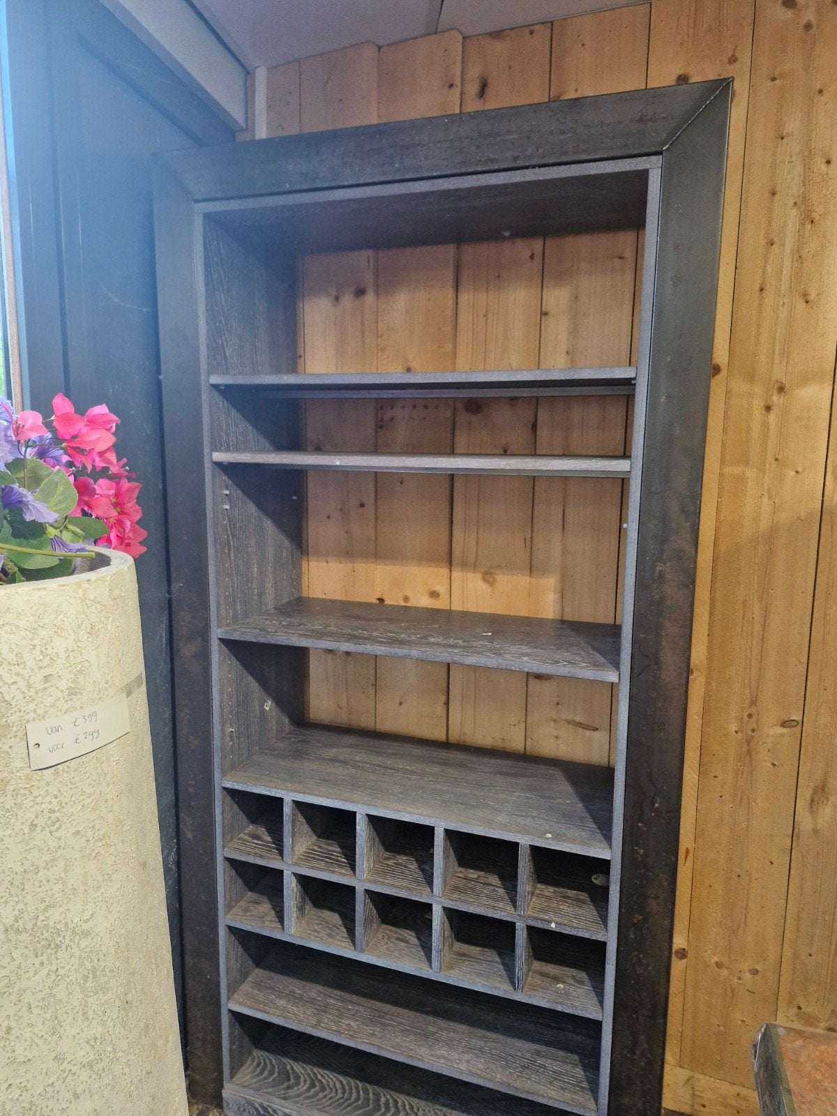 Robuuste boekenkast van PTMD met wijnrek - Zwart eikenhout, Ophalen, Met plank(en), 100 tot 150 cm, 200 cm of meer