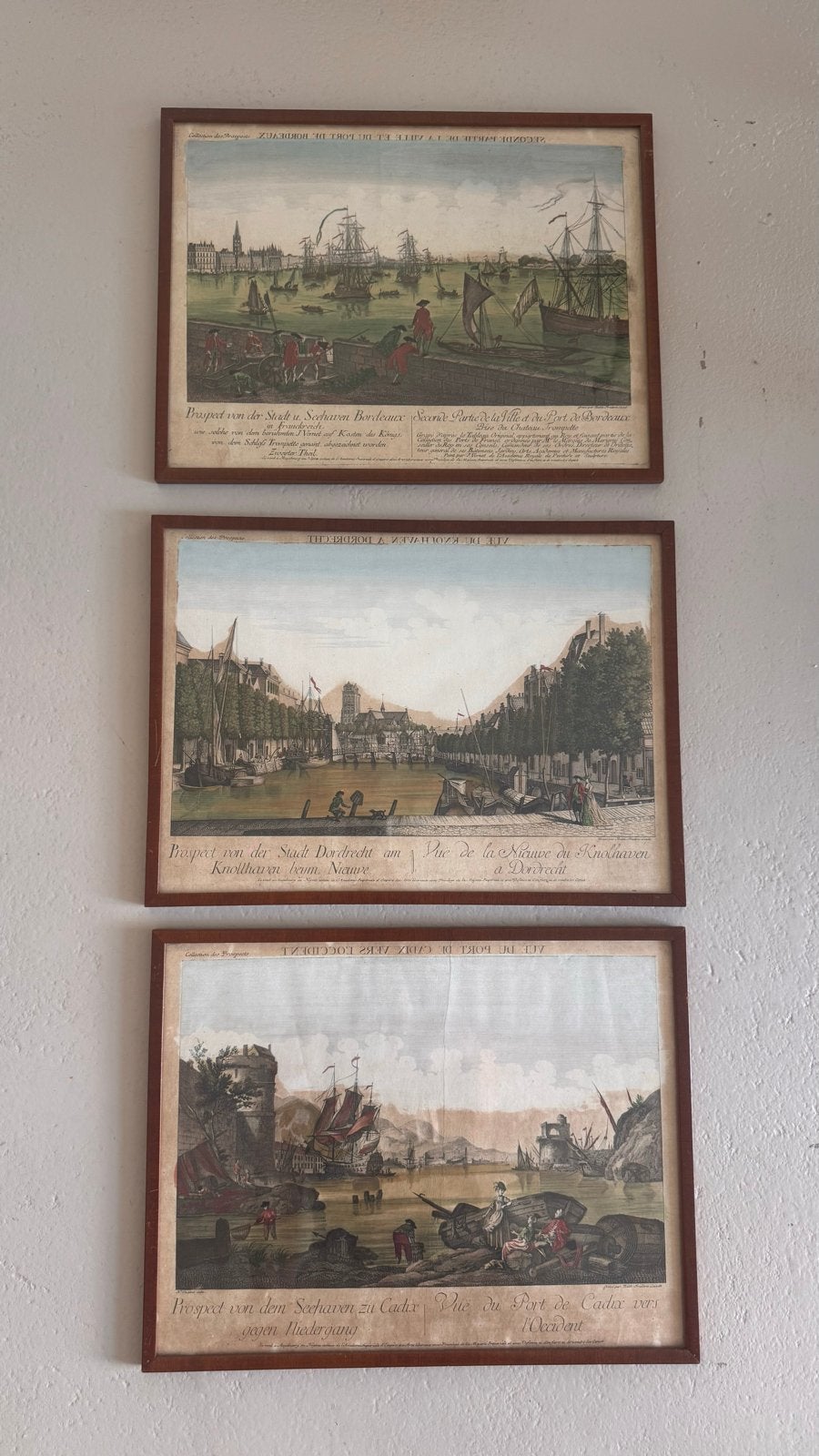 Set van 3 antieke handgekleurde gravures, 18e eeuw, Antiek en Kunst, Ophalen, Handgekleurd, Stadsgezicht, Gravure
