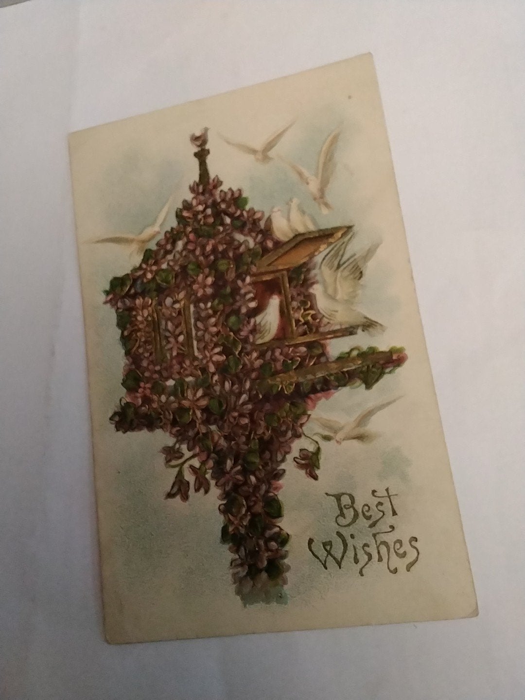 Oude ansichtkaart 'Best Wishes' met vogels en bloemen, Verzamelen, Ophalen of Verzenden, Voor 1920, Gelopen