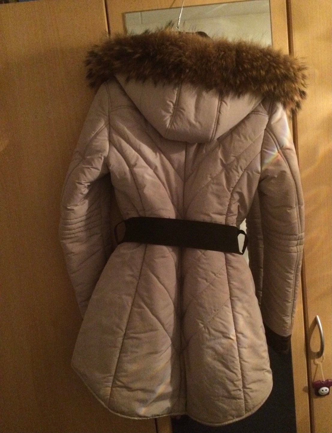 Warme half leren/half stoffen jas met vossen bontkraag, Ophalen of Verzenden, Zo goed als nieuw, Maat 38/40 (M), Beige