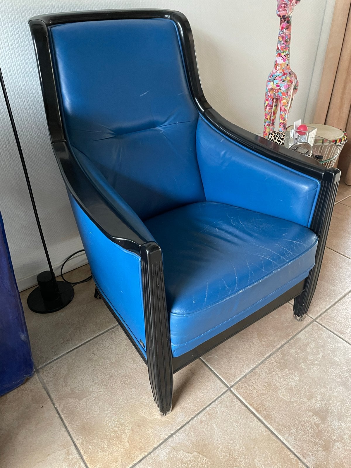 Vintage blauwe fauteuil met zwart houten frame, Ophalen