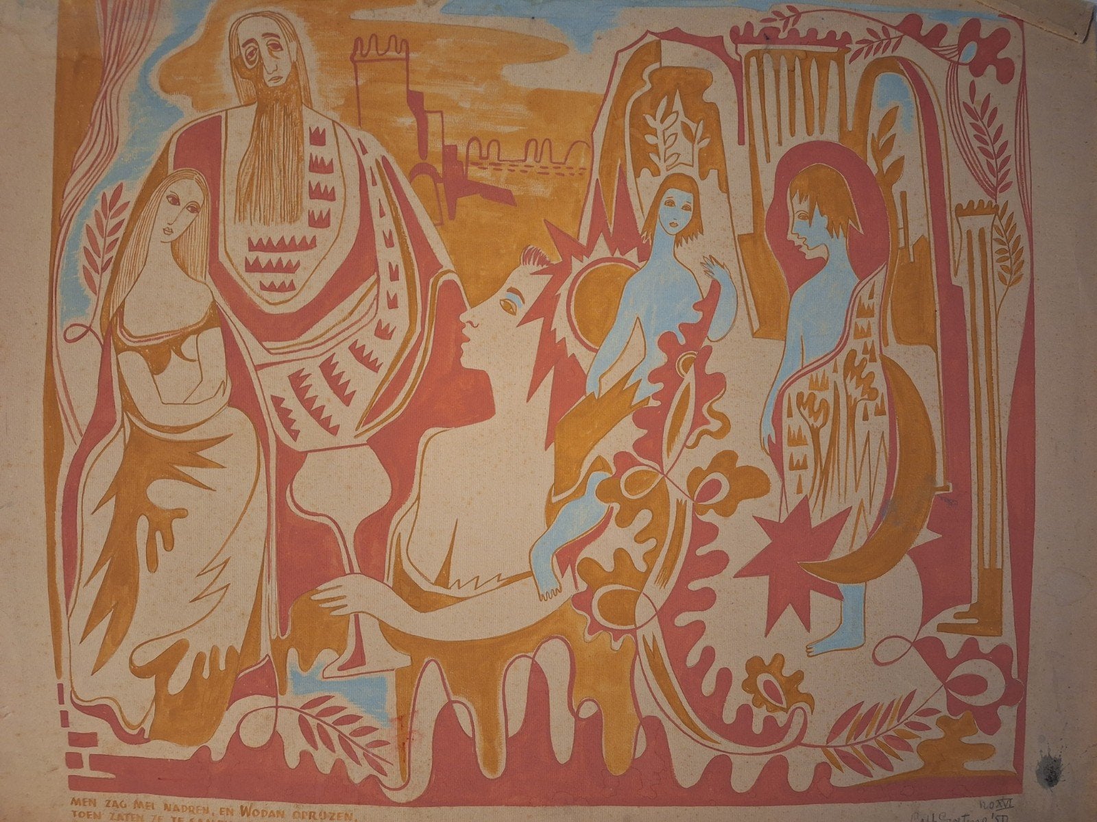 Linosnede: Abstracte figuren en flora gesigneerd, Dagelijks leven, Ophalen of Verzenden, 1900 - 1949, Houtsnede