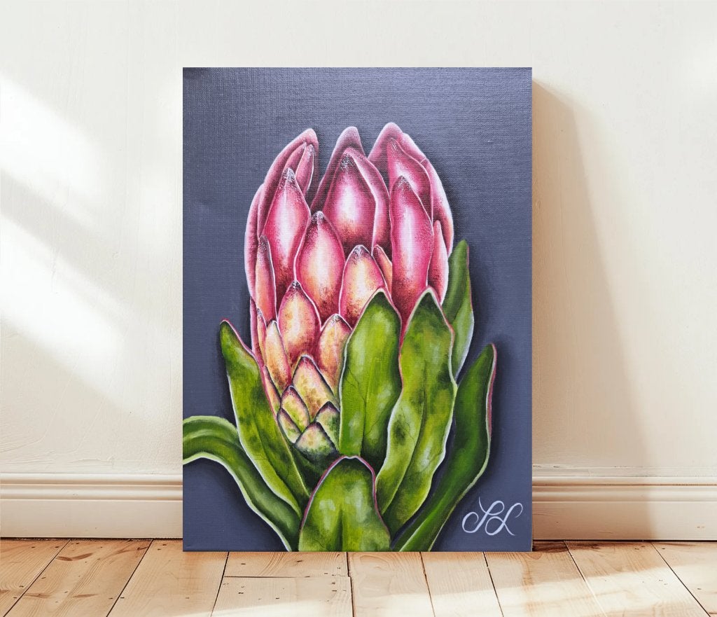 Hand-Painted Protea Flower. (30 x 40 cm), Bloemen, Acrylverf, Realistisch, Gesigneerd