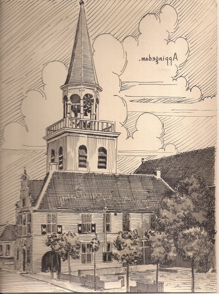 Appingedam Stadsgezicht met Kerk Sievers 50/60er jaren, Antiek en Kunst, Ophalen of Verzenden, Tekening, Pentekening, Handgemaakt