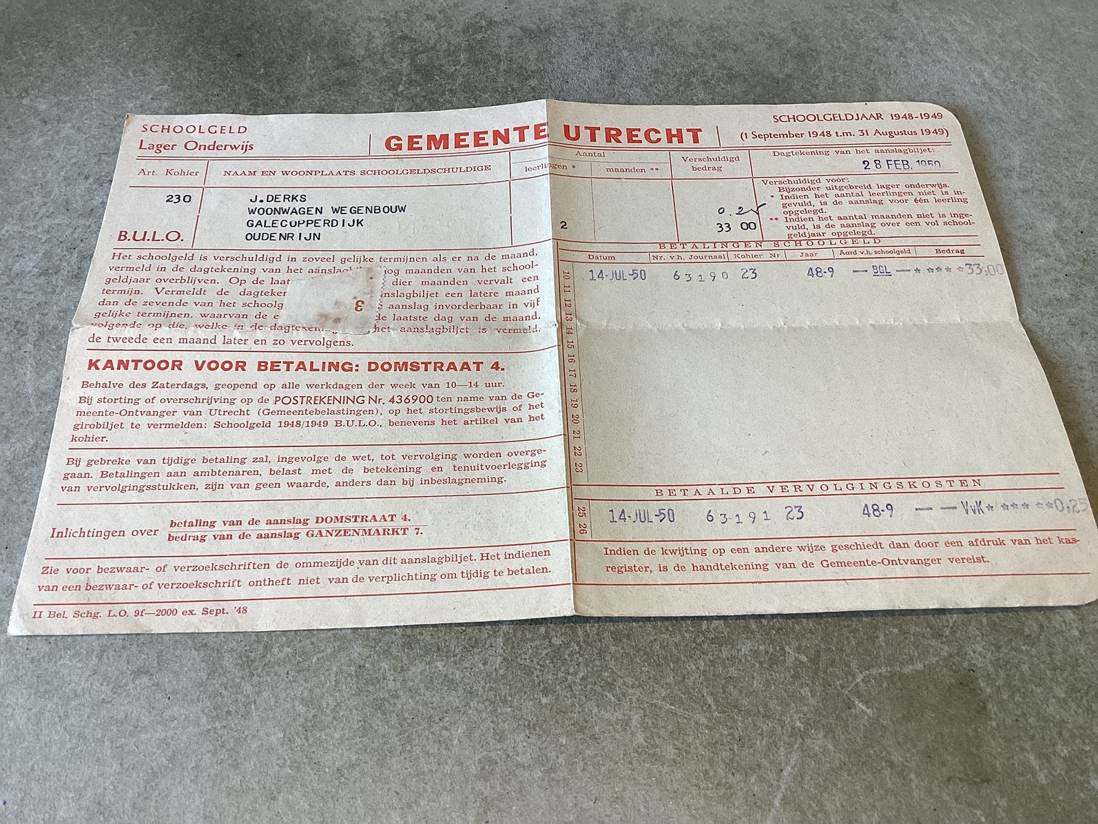 Utrecht.      Schoolgeld Lager Onderwijs. 1950, Ophalen of Verzenden, 1940 tot 1960, Utrecht