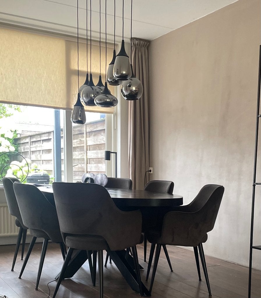 6 stoere, fluwelen stoelen donkergrijs, Huis en Inrichting, Stoelen, Ophalen, Zo goed als nieuw, Vijf, Zes of meer stoelen, Stof
