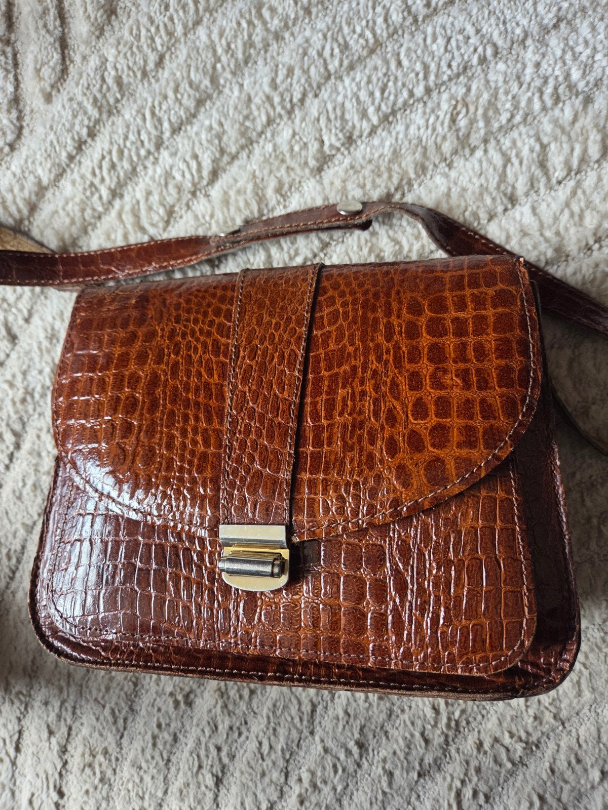 Vintage Croco Handtas - Cognac, Ophalen of Verzenden, Gebruikt, Bruin, Handtas