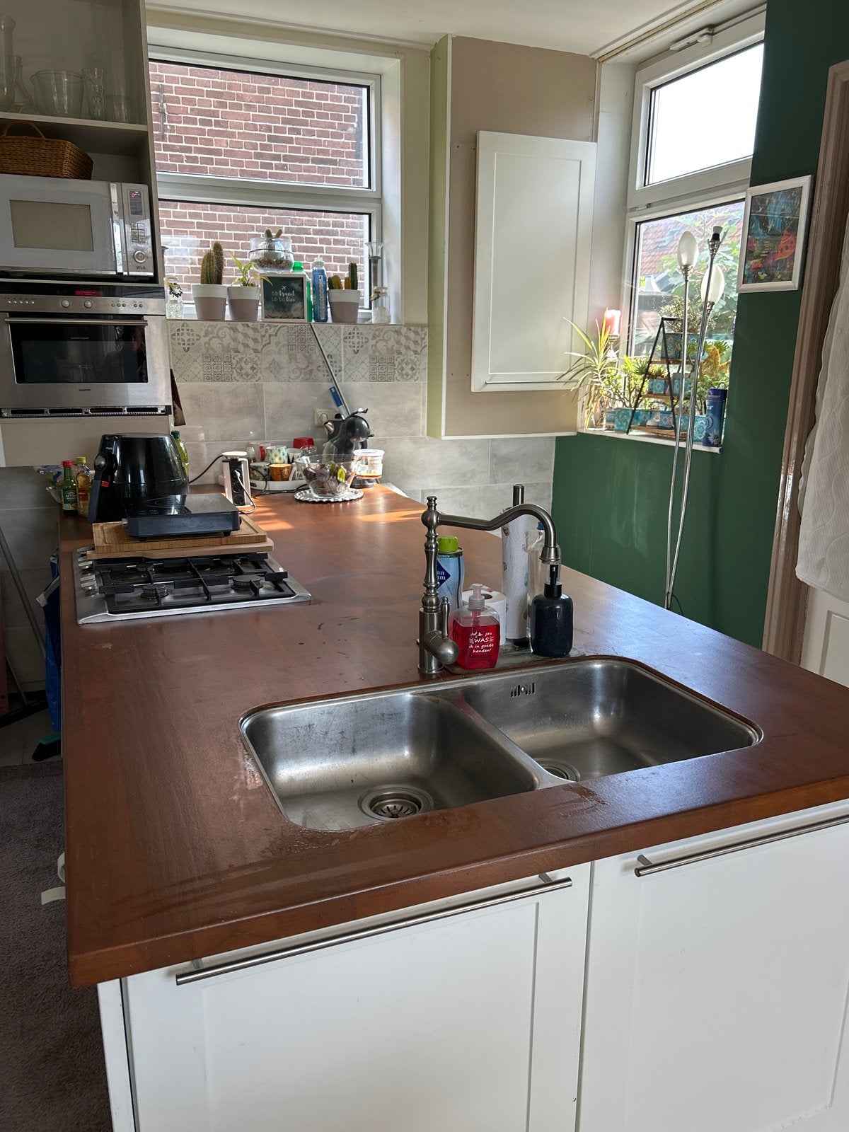 Gebruikt keukenblad van massief notenhout, Huis en Inrichting, Gebruikt, Wit, Enkelwandige keuken, Ophalen of Verzenden