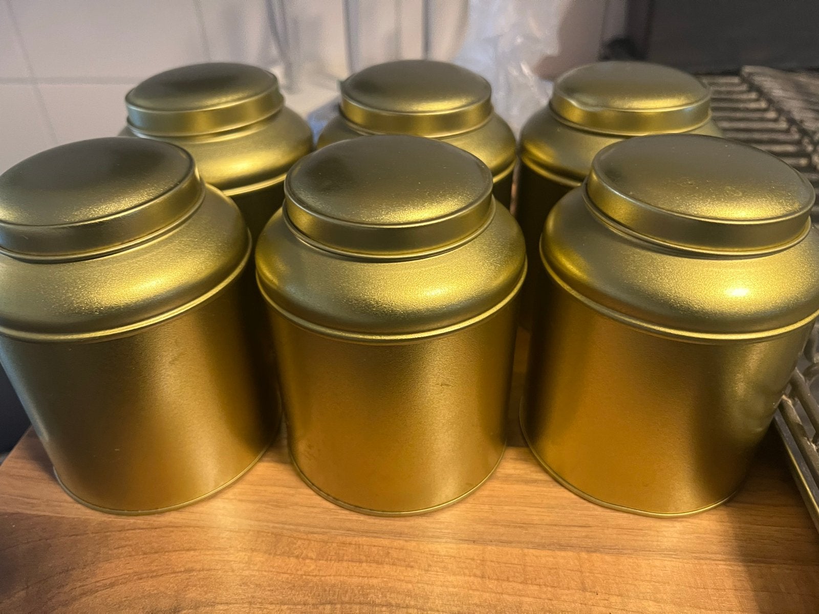 Set van 6 gouden voorraadpotten voor thee of kruiden, Gebruikt, Goud, Ophalen of Verzenden, Voorraadpot