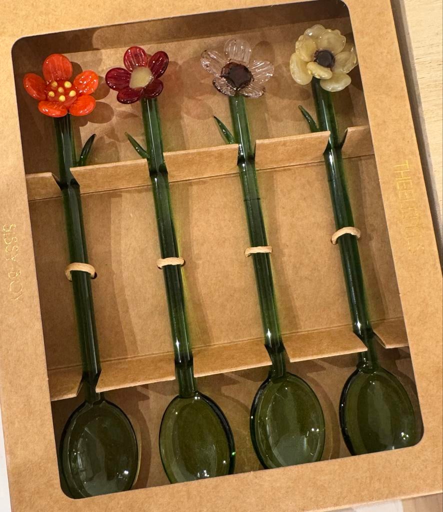 Sissy-Boy glazen lepels met bloem detail - set van 4, Huis en Inrichting, Keuken | Bestek, Zo goed als nieuw, Los bestek, Overige materialen