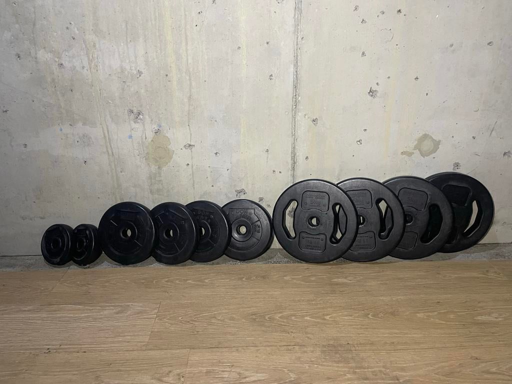 Don Oliver Halters 27mm - set 32kg, Sport en Fitness, Fitnessmaterialen, Ophalen, Gebruikt, Benen, Halterschijven