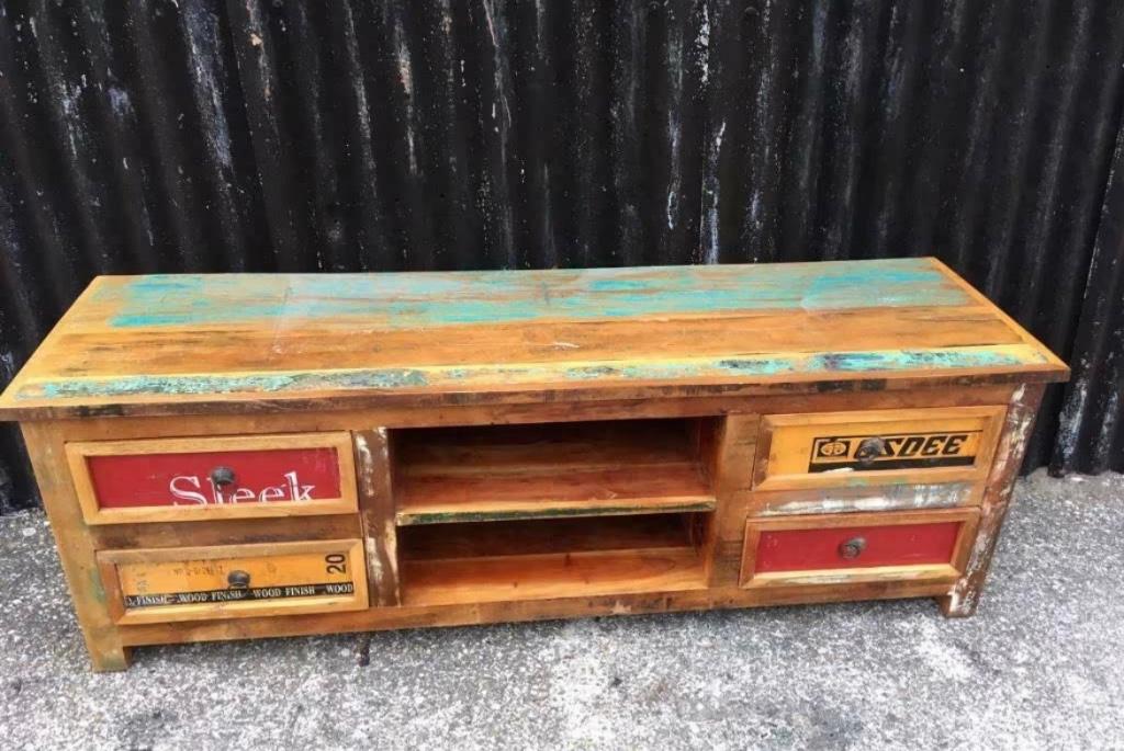 Scrapwood re-used boot hout tv meibel kast Indonesie Bali, Verburgt Vintage, 100 tot 150 cm, Teakhout, Ophalen of Verzenden