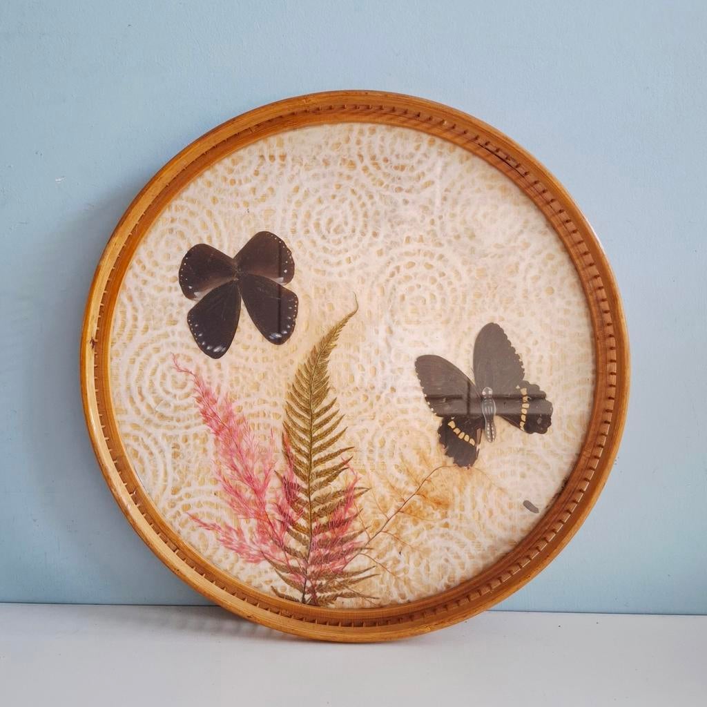 Bamboo dienblad met vlinders en botanische elementen, Antiek en Kunst, Curiosa en Brocante, Ophalen of Verzenden