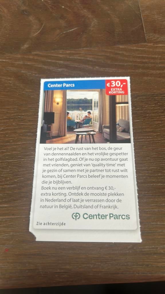 Centerparcs 30 euro extra korting, Drie personen of meer, Kortingsbon, Bungalowpark