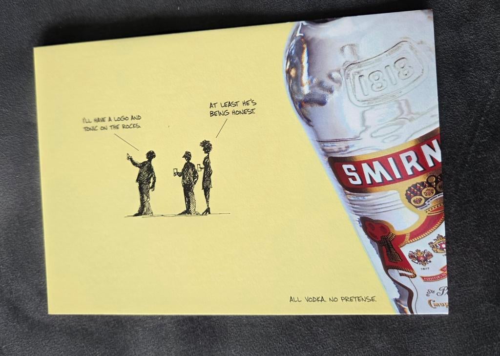 All Vodka - No Pretense - Smirnoff Vodka, Verzamelen, Ansichtkaarten | Themakaarten, Ongelopen, 1980 tot heden, Overige thema's