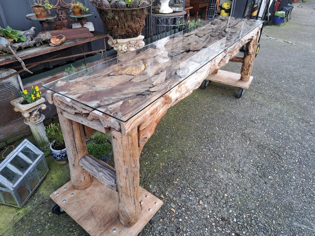 Unieke Teakhouten drijfhouten sidetable wandtafel, met glasp, Ophalen of Verzenden, Zo goed als nieuw