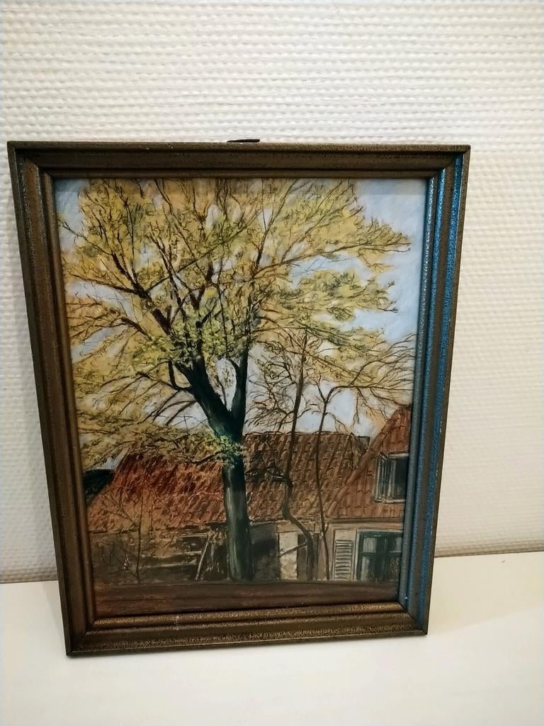 Schilderij met boom en huis, Antiek en Kunst, Kunst | Schilderijen | Klassiek, Ophalen of Verzenden
