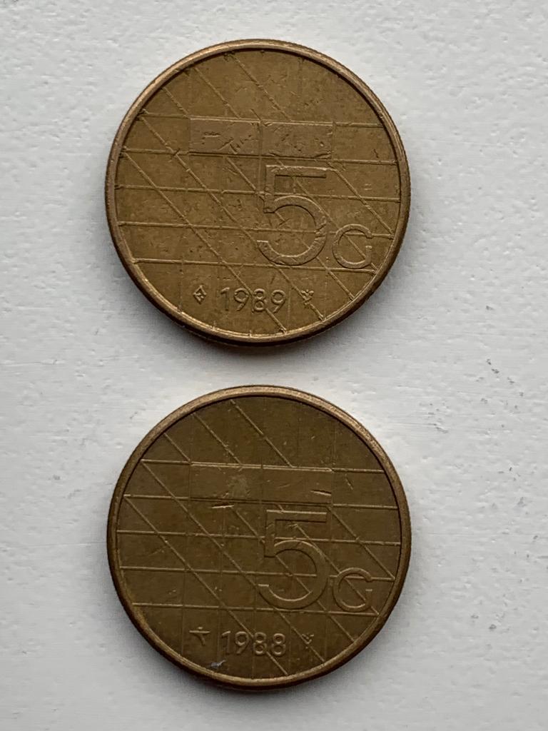 2x 5 gulden munt 1988 en 1989, Ophalen of Verzenden, Koningin Beatrix, 5 gulden, Losse munt