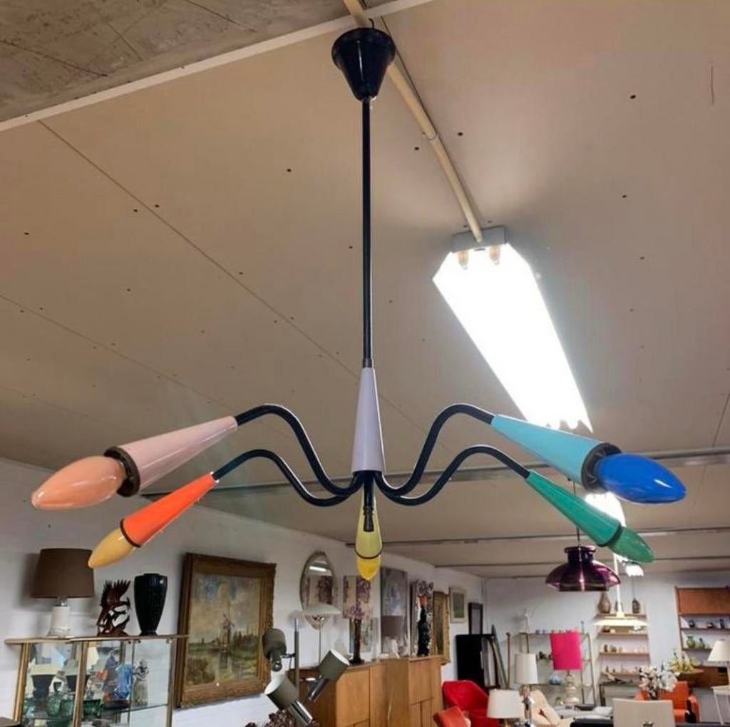 Lamp stilnovo gekleurde spin hanglamp uit jaren 50., Huis en Inrichting, Lampen | Hanglampen, Ophalen of Verzenden