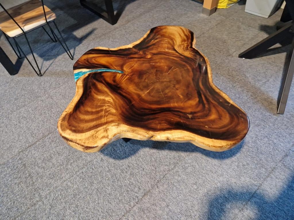 suar salontafel met epoxy turquoise 110 cm met epoxy toplaag, Industrieel suar interieur, Info@industrieel-suar-interieur.nl, Rond