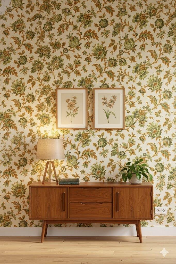 6907  Organisch groen en oker vintage bloemenbehang swiet, Huis en Inrichting, Stoffering | Behang, Ophalen of Verzenden, 25 tot 50 m²