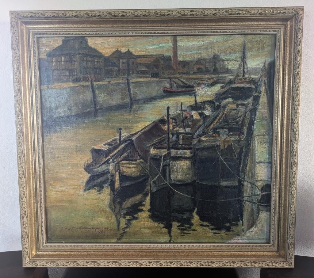 Schilderij havengezicht met lijst uit 1929 (incl. signatuur), Ophalen of Verzenden