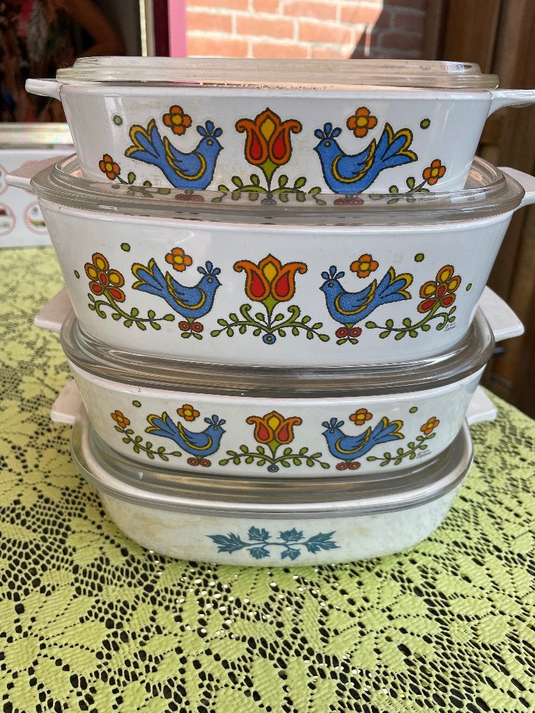 Pyrex Country Festival Blue Birds oven schalen circa 1975, Huis en Inrichting, Keuken | Keukenbenodigdheden, Ophalen, Overige materialen