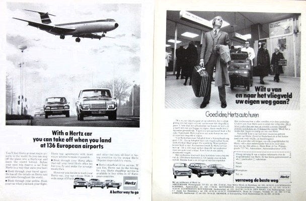 7 vintage advertenties reclames autoverhuur 66-84 Hertz Avis, Ophalen of Verzenden, Gebruikt, Overige typen