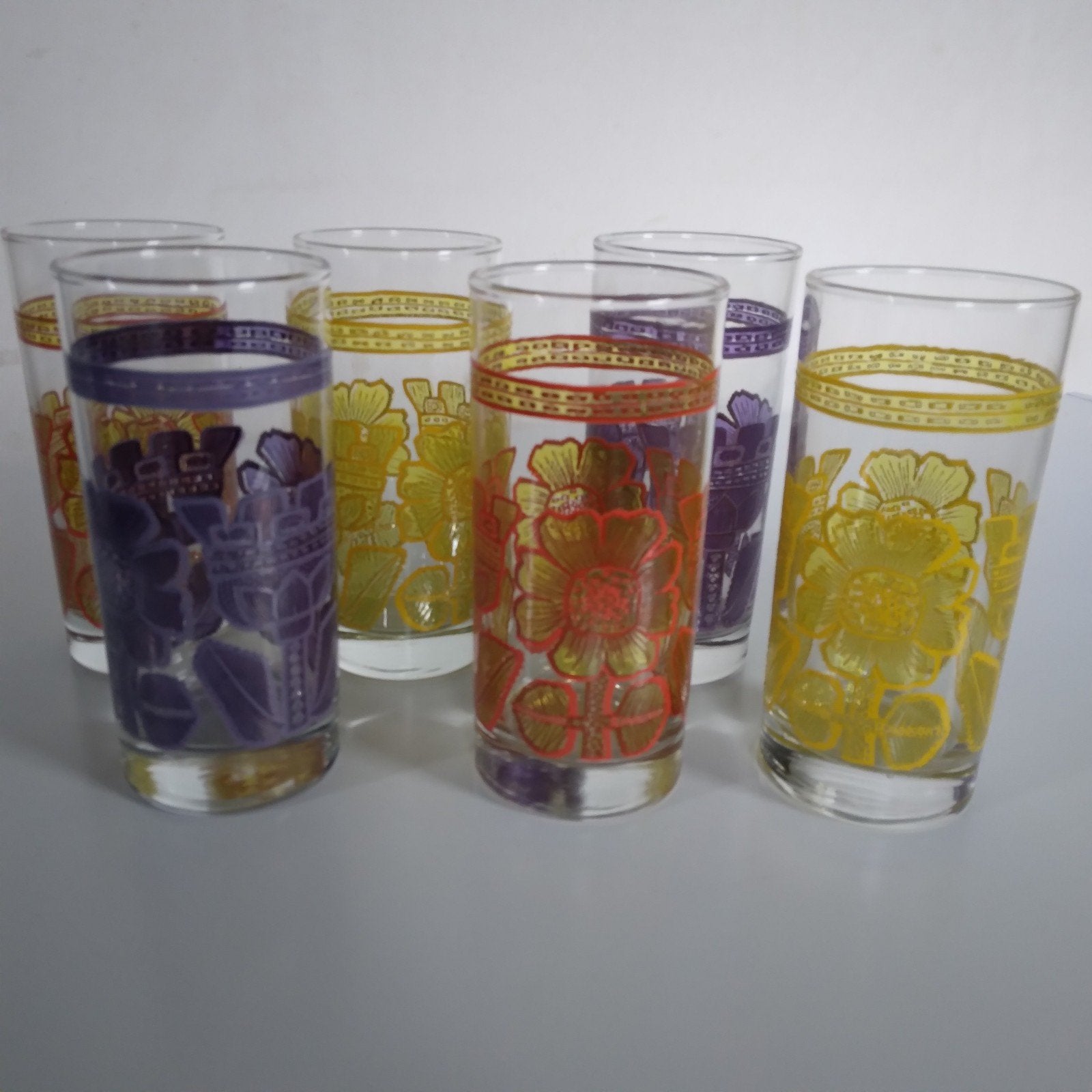 Set van 6 retro limonadeglazen met bloemmotief, Ophalen