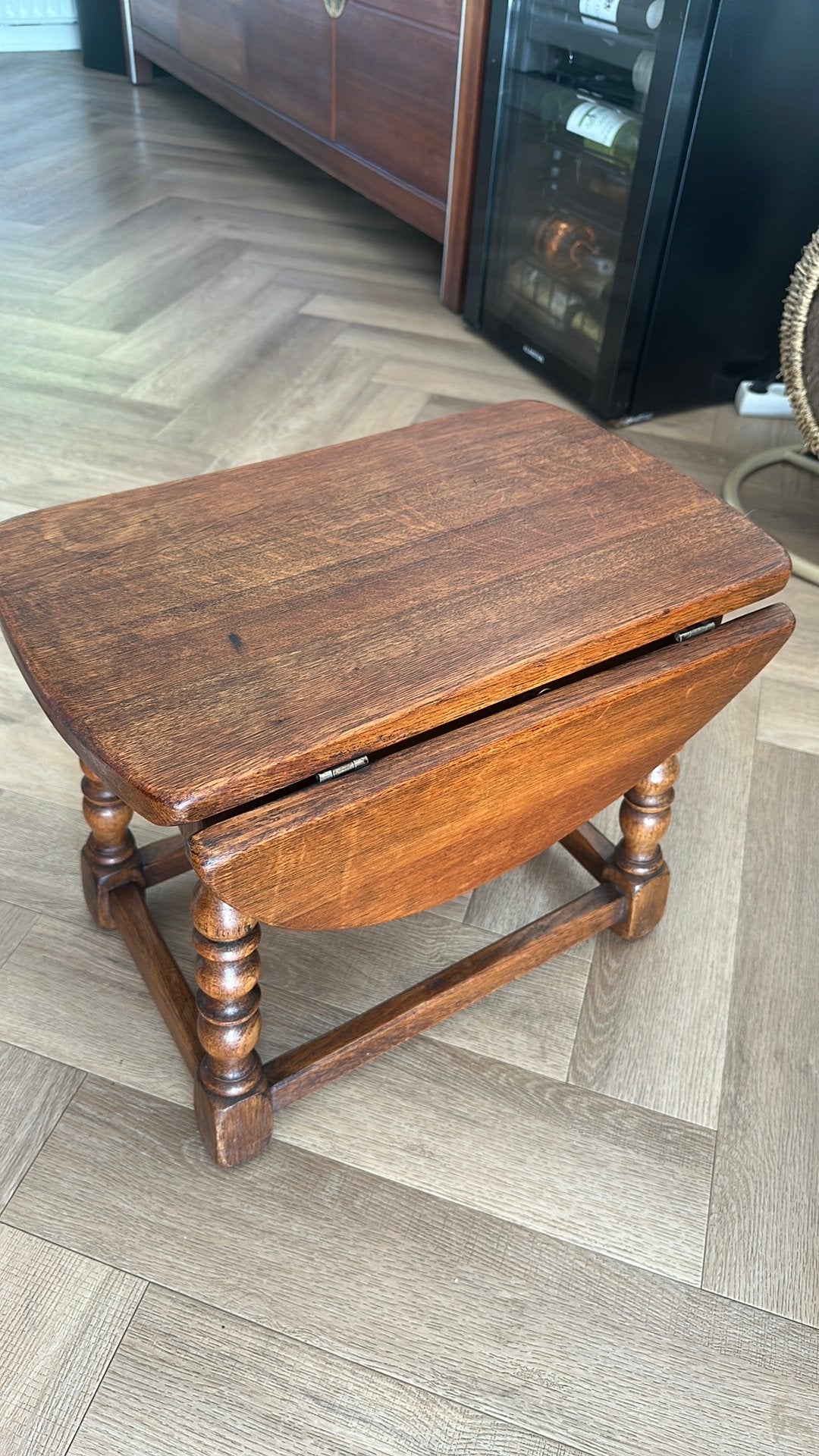 Vintage eiken klaptafel / voetenbankje  - bobbin legs, Ophalen, Gebruikt, 25 tot 50 cm, Rechthoekig