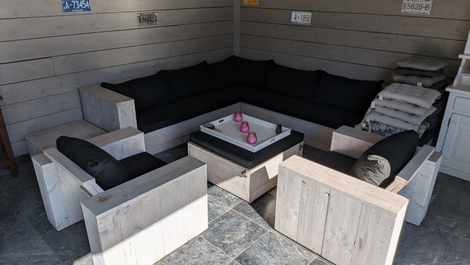 Steigerhout loungeset met 2 tafels en 2 1-persoons stoelen, Tuin en Terras, Ophalen, Gebruikt, Meer dan 8 zitplaatsen, Steigerhout