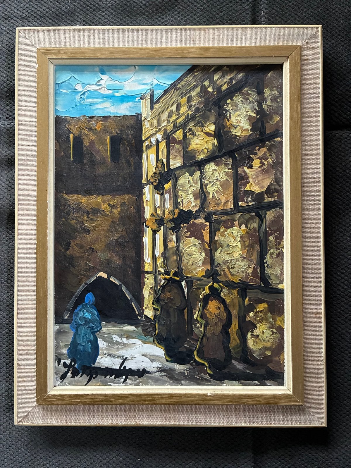 Vintage olieverf schilderij Klaagmuur Jeruzalem, Antiek en Kunst, Doek, Ophalen of Verzenden, Olieverf, Stads- / dorpsgezicht