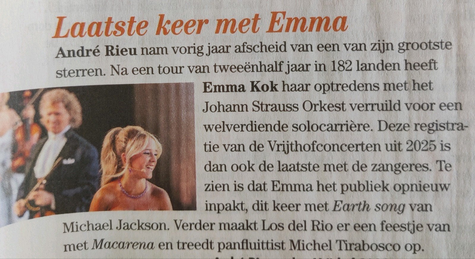 André Rieu : Laatste keer met Emma Kok, Verzamelen, Ophalen of Verzenden, 1980 tot heden, Nederland, Knipsel(s)