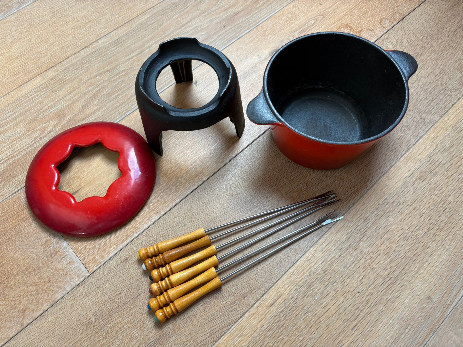 Emaille fonduepan met vorkjes, Witgoed en Apparatuur, Ophalen of Verzenden, Gebruikt, Brander, Fonduepan
