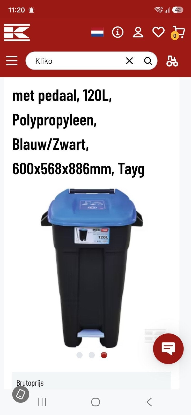 Kliko met pedaal, 120L, Blauw/Zwart, Polypropyleen, Ophalen, Nieuw, Kunststof