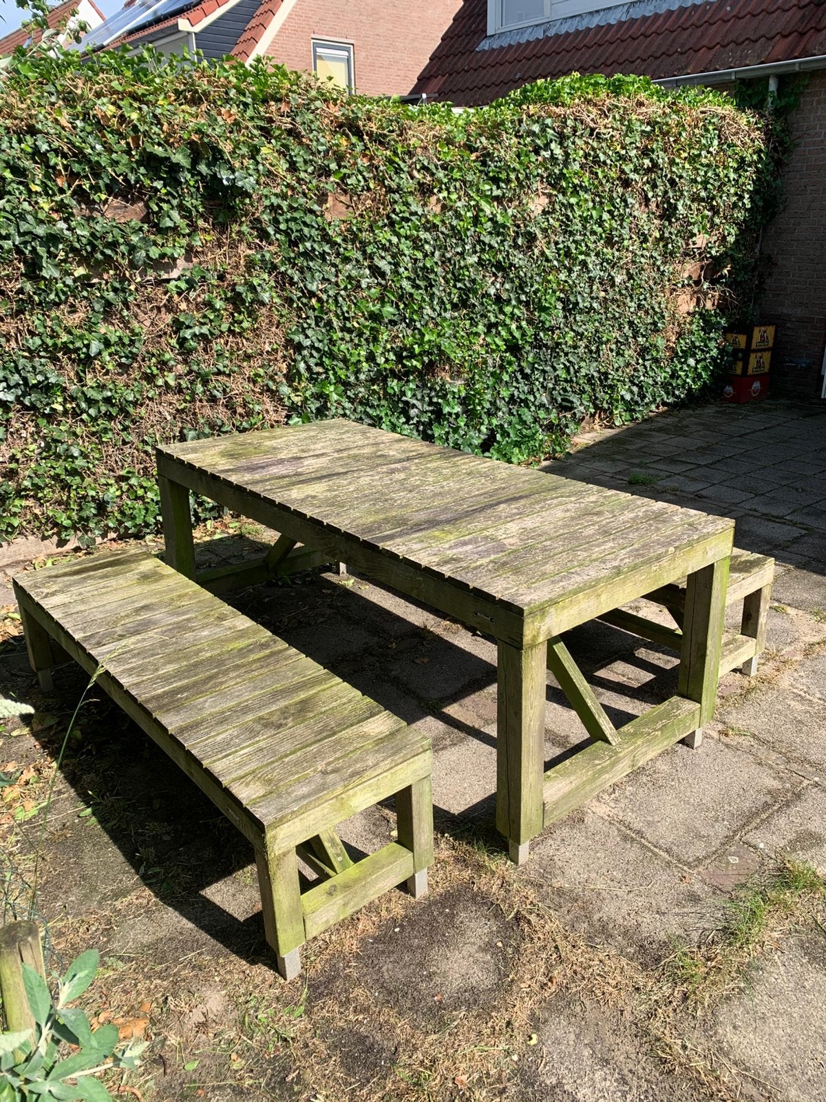 Tuintafel met banken gebruikt Hilhout, Tuin en Terras, Tuintafels, Ophalen, Gebruikt, Rechthoekig, Hout