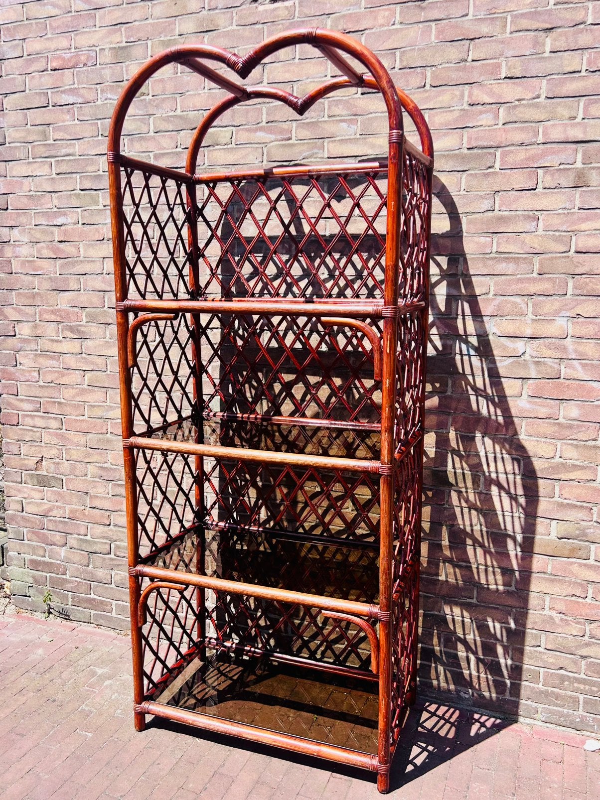 Vintage rotan étagère boekenkast met rookglas – 202 cm, Ophalen, 200 cm of meer, 50 tot 100 cm, 25 tot 50 cm