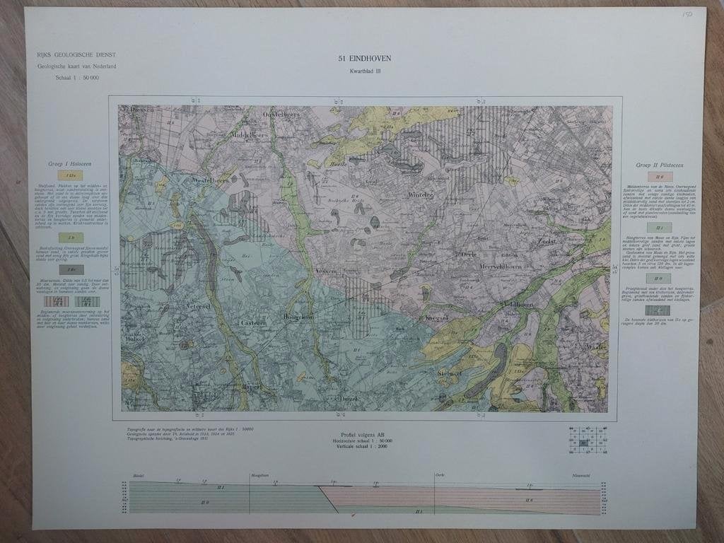 150 / Geologische kaart uit 1931 Eindhoven kwartblad III, Boeken, Ophalen of Verzenden, 1800 tot 2000, Landkaart, Zo goed als nieuw
