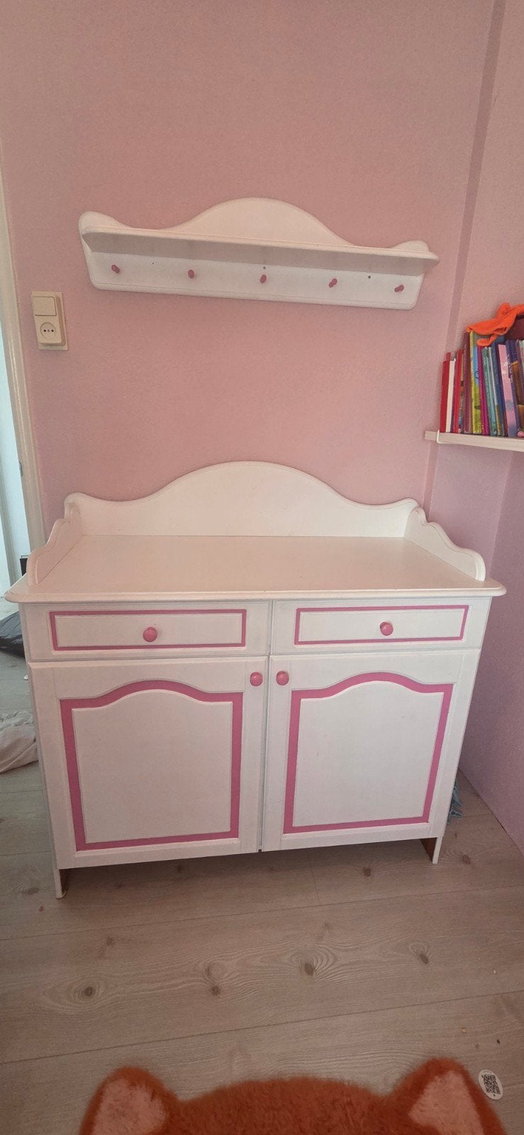 Massief Houten Kledingkast, Commode & Plankje - Wit/Roze, Ophalen, Gebruikt, 105 cm of meer, 100 cm of meer
