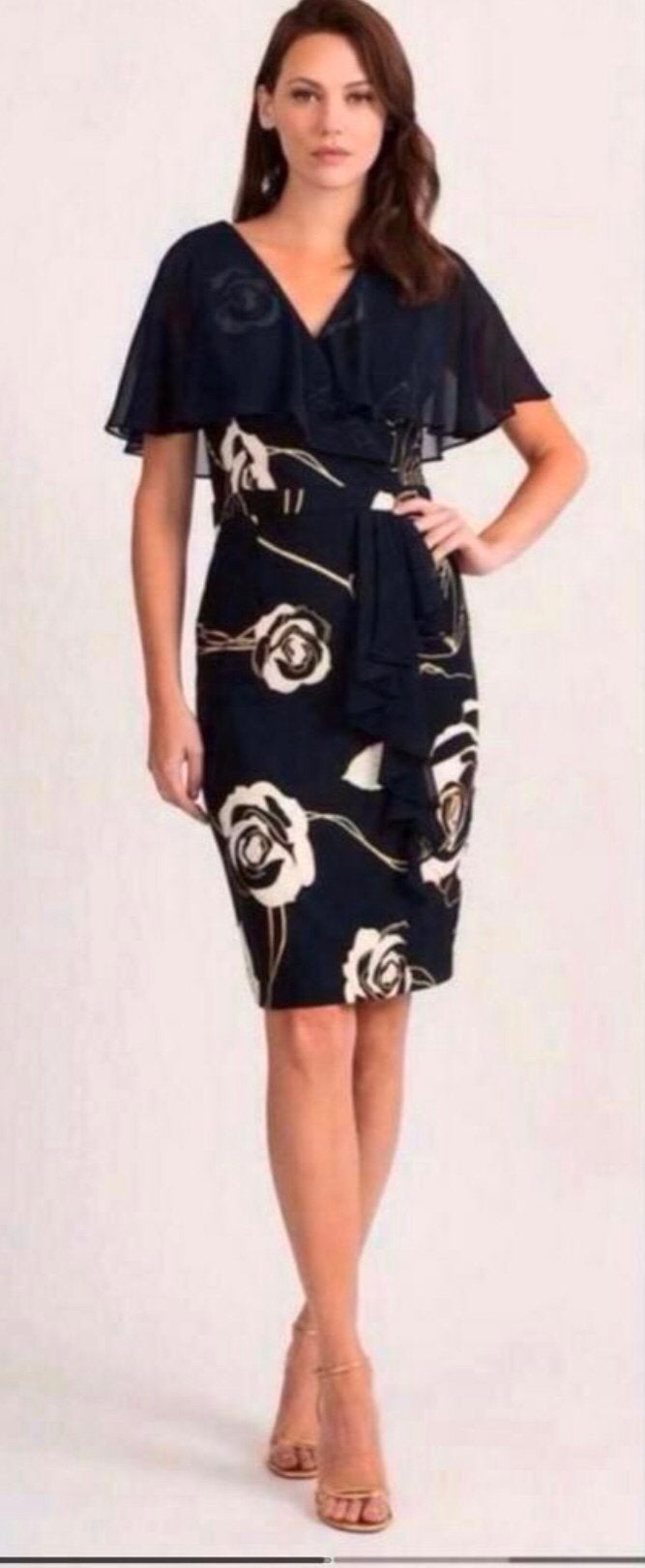 Ribkoff luxe jurk in blauw met creme bloemen en iets goud 38, Maat 38/40 (M), Nieuw, Onder de knie, Meerkleurig