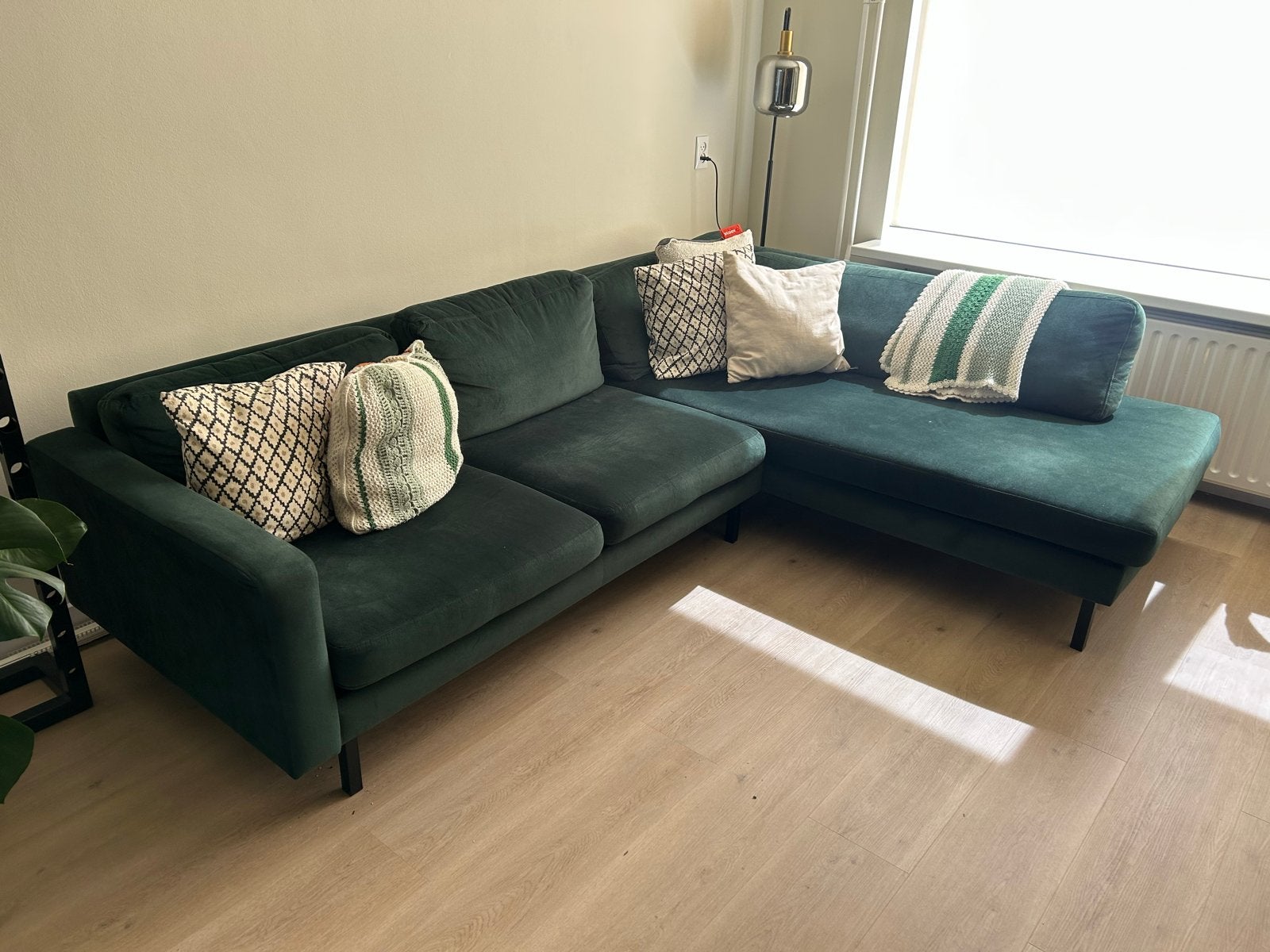 Donkergroene hoekbank met chaise longue, Ophalen, Gebruikt, Hoekbank, Stof