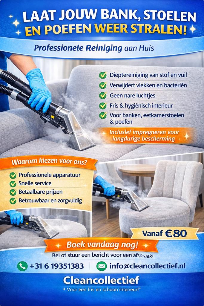 Schoonmaak stoomreiniging,banken,boxspring,eetkamerstoelen, Diensten en Vakmensen, Huishoudelijke hulp, Schoonmaken