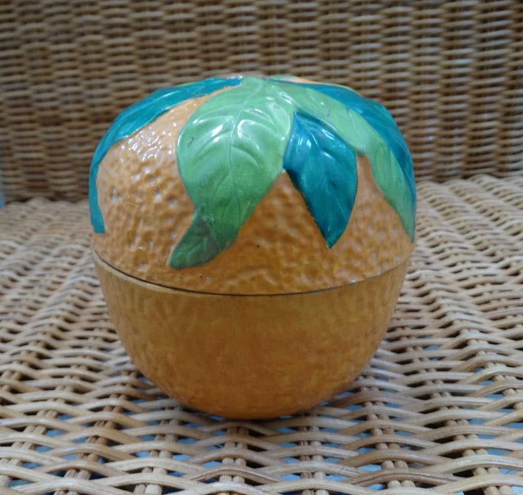 Antieke majolica oranje groene dekselpot rond, gemerkt kroon, Antiek en Kunst, Ophalen of Verzenden