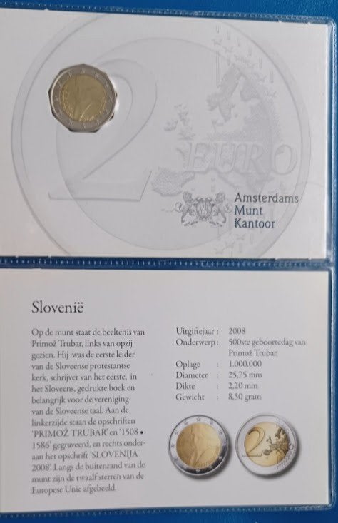 Slovenië 2 euro "Primoz Trubar" 2008 - UNC (AMK), Ophalen of Verzenden, Slovenië, 2 euro